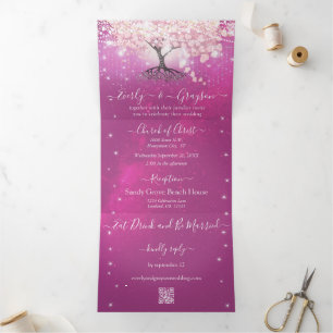 Shades of Pink & Purple Heart Leaf Tree Wedding Tri-Fold Invitation