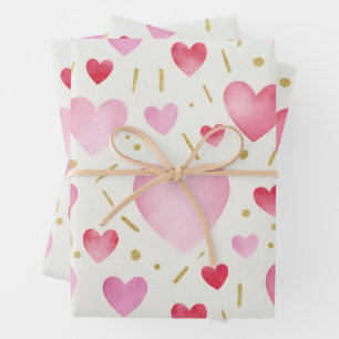 Shades of Pink Watercolor & Gold Glitter Hearts Wrapping Paper Sheet