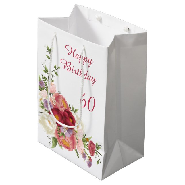 Shades of Pink White Peony Flower Happy Birthday Medium Gift Bag (Front Angled)