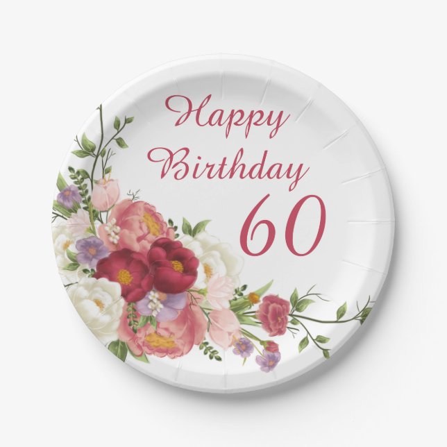 Shades of Pink White Peony Flower Happy Birthday  Paper Plate (Front)