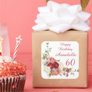 Shades of Pink White Peony Flower Happy Birthday Square Sticker