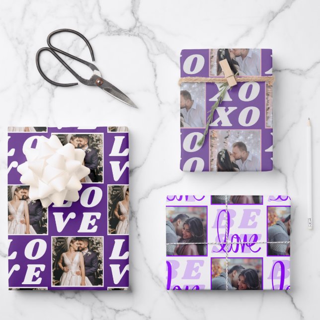 Shades of Purple Christmas Photo 3 Gift Wrapping Paper Sheet (Front)
