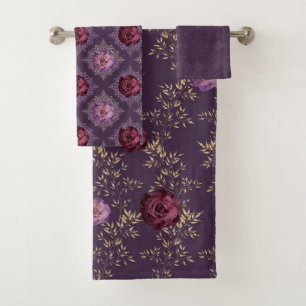 SHADES OF PURPLE FLORAL ROSES & GOLD LEAVES BATH TOWEL SET
