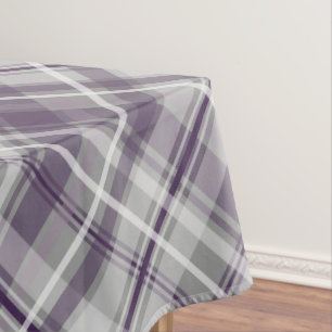 shades of purple on grey diagonal plaid tablecloth
