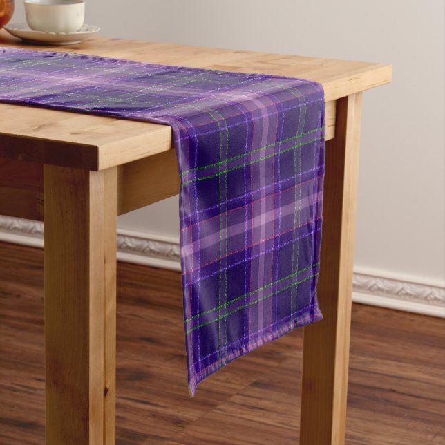Shades of Purple with Green & Pink Tartan Short Table Runner (In Situ)