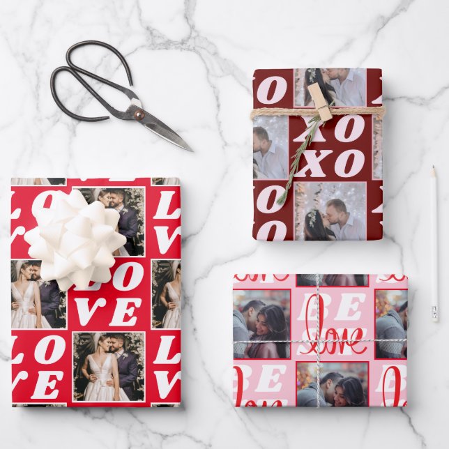 Shades of Red Christmas Photo 3 Gift Wrapping Paper Sheet (Front)