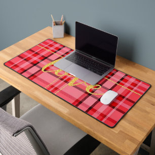 SHADES OF RED PLAID WITH GOLD LOVE SCRIPT DESK MAT