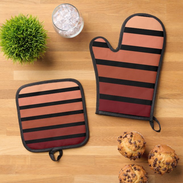 Shades Of Red Stripes On Black  Oven Mitt & Pot Holder Set (Top Down)
