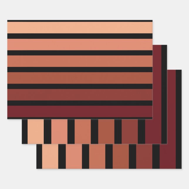 Shades Of Red Stripes On Black  Wrapping Paper Sheet (Set)