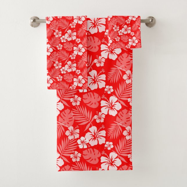 SHADES OF RED & WHITE HIBISCUS BLOOMS BATH TOWEL SET (Insitu)