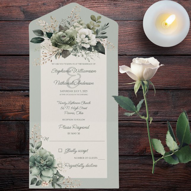 Shades of Sage Green Floral All In One Invitation (Also available with QR code. )