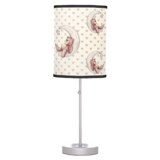 SHADES OF TAN HEARTS WITH SLEEPING BEARS ON MOON DESK LAMP