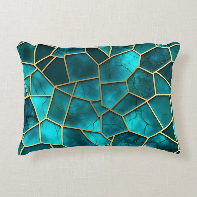 SHADES OF TURQUOISE & GOLD MOSAIC CHIP PATTERNS DECORATIVE CUSHION (Front)