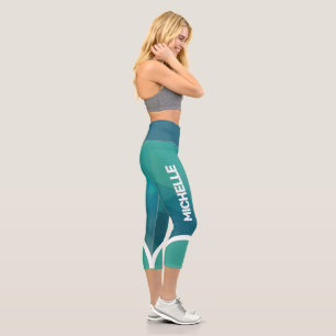 Shades of turquoise with white name stripe modern capri leggings