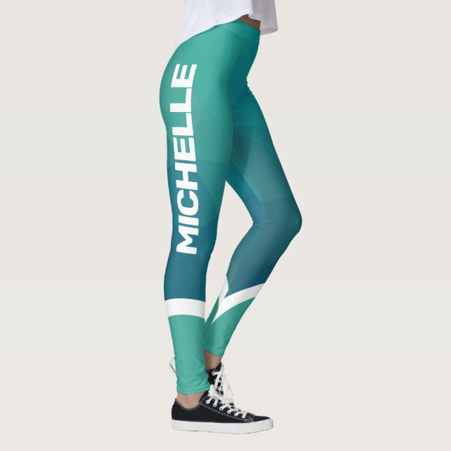 Shades of turquoise with white name stripe modern leggings (Right)