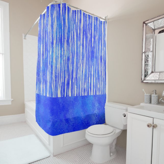 Shades of White and Blue Striped Pattern Shower Curtain (In Situ)