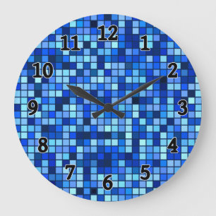 Shades Of Winter Blue And Black Squares Pattern Large Clock