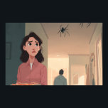 Shadow Above Poster<br><div class="desc">In a quiet, sharply lit hallway, a young woman holds a tray of pizza, unaware that the ordinary has shifted into suspense. Above her, three shadowed figures cling to the ceiling, their spindly legs casting long, tense silhouettes against the pale surface. The room is split between darkness and warmth—the left...</div>