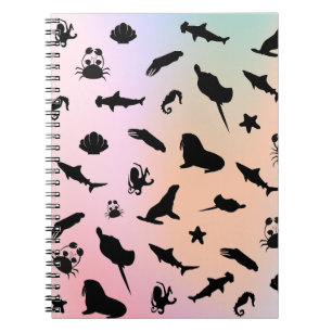 shadow fish shark seal whale crab on galaxy ocean  notebook