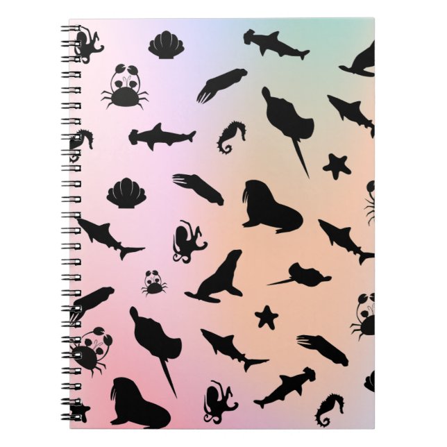 shadow fish shark seal whale crab on galaxy ocean  notebook (Front)