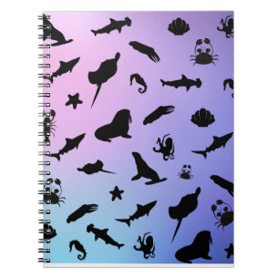 shadow fish shark seal whale crab on galaxy ocean notebook