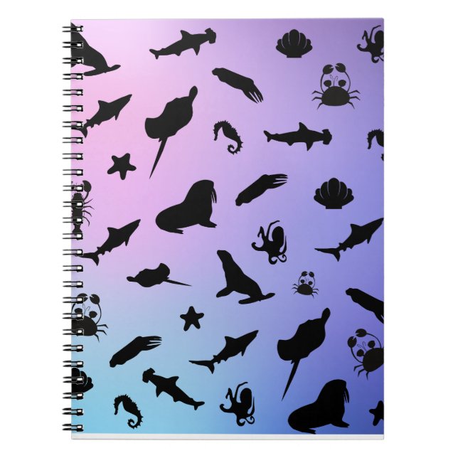 shadow fish shark seal whale crab on galaxy ocean  notebook (Front)