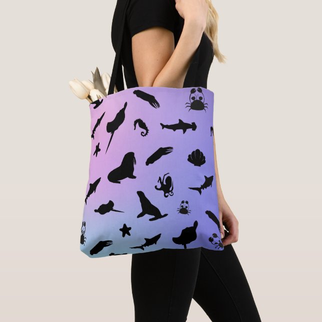 shadow fish shark seal whale crab on galaxy ocean  tote bag (Close Up)