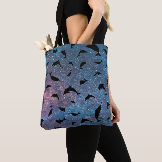 Shadow fish shark whale gradient colorful galaxy tote bag (Close Up)