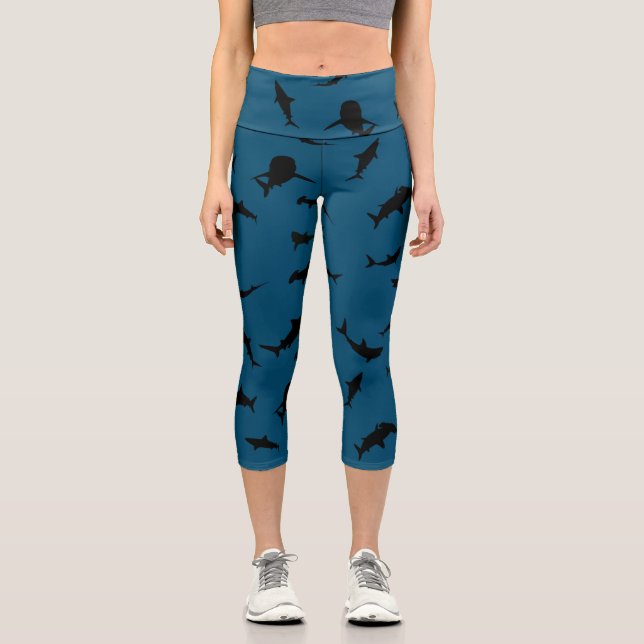 Shadow fish shark whale on gradient blue Ocean Capri Leggings (Front)