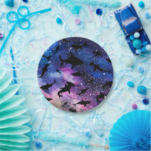 Shadow fish shark whale on gradient galaxy Space Paper Plate