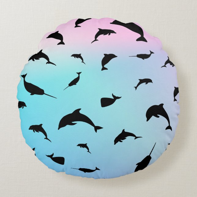 shadow fish shark whale on gradient ocean  round cushion (Front)