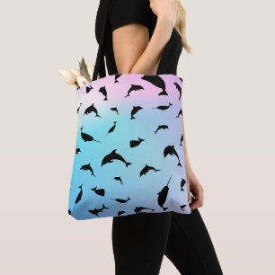 shadow fish shark whale on gradient ocean tote bag