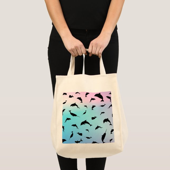 shadow rainbow fish shark whale on gradient ocean tote bag (Front (Product))