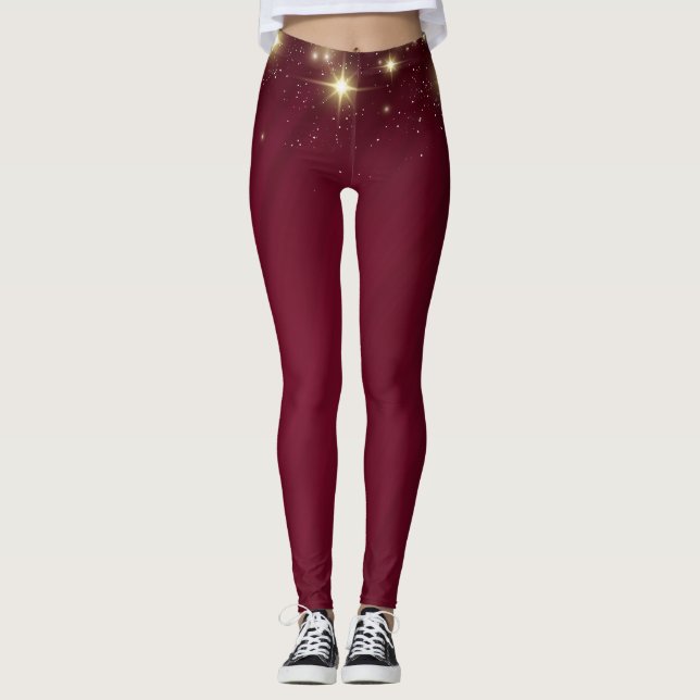 Shadow Red star gradient galaxy space pattern Leggings (Front)