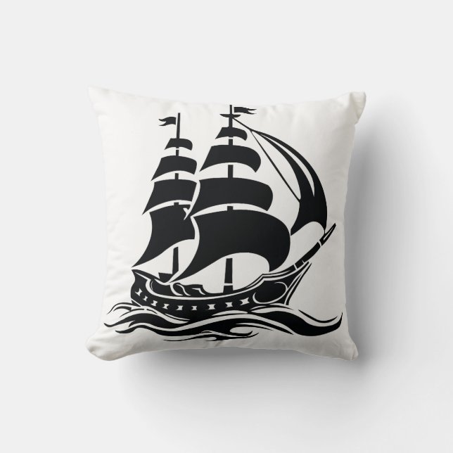 Shadow Sailing Ship – Vintage Ocean Illustration Cushion (Front)