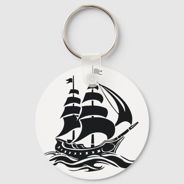 Shadow Sailing Ship – Vintage Ocean Illustration Key Ring (Front)