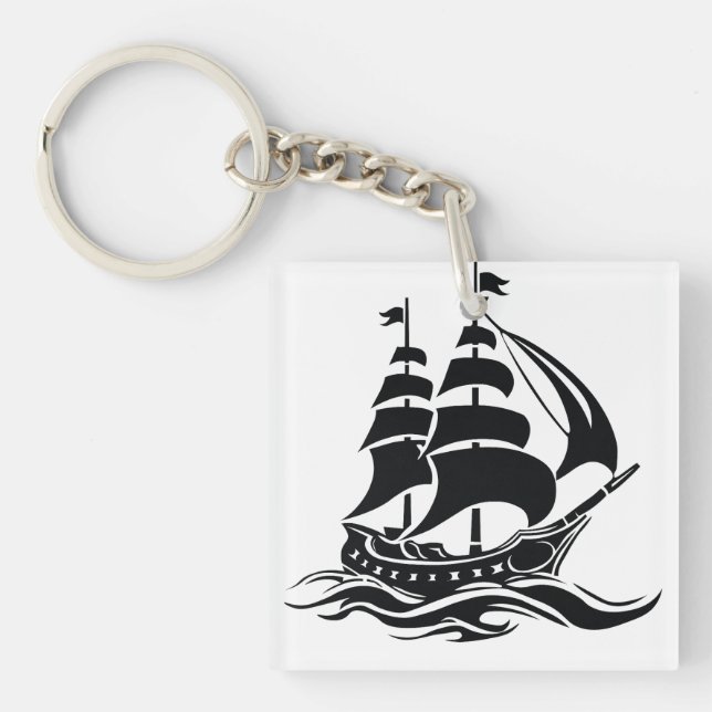 Shadow Sailing Ship – Vintage Ocean Illustration Key Ring (Front)