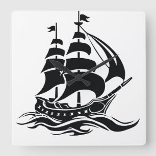 Shadow Sailing Ship – Vintage Ocean Illustration Square Wall Clock