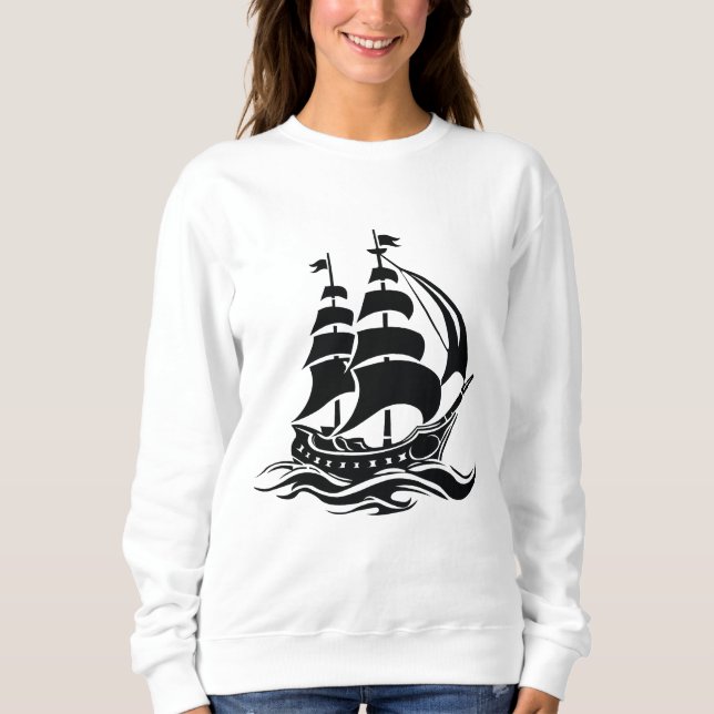 Shadow Sailing Ship – Vintage Ocean Illustration Sweatshirt (Front)