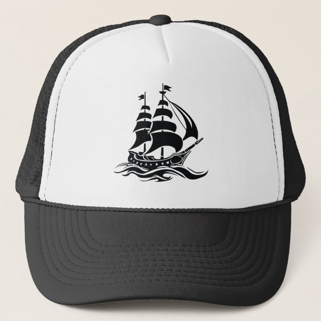 Shadow Sailing Ship – Vintage Ocean Illustration Trucker Hat (Front)