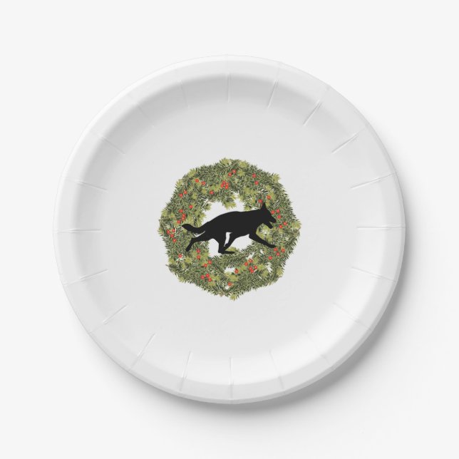 Shadow Silhouette German Shepherd Dog in a Wreath  Paper Plate (Front)
