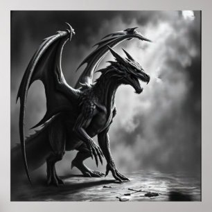 Shadowborn Majesty: Dragon Charcoal Art Poster