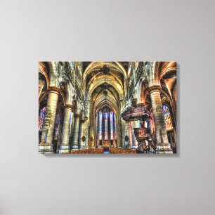 Shadowed interior of catholic church canvas print