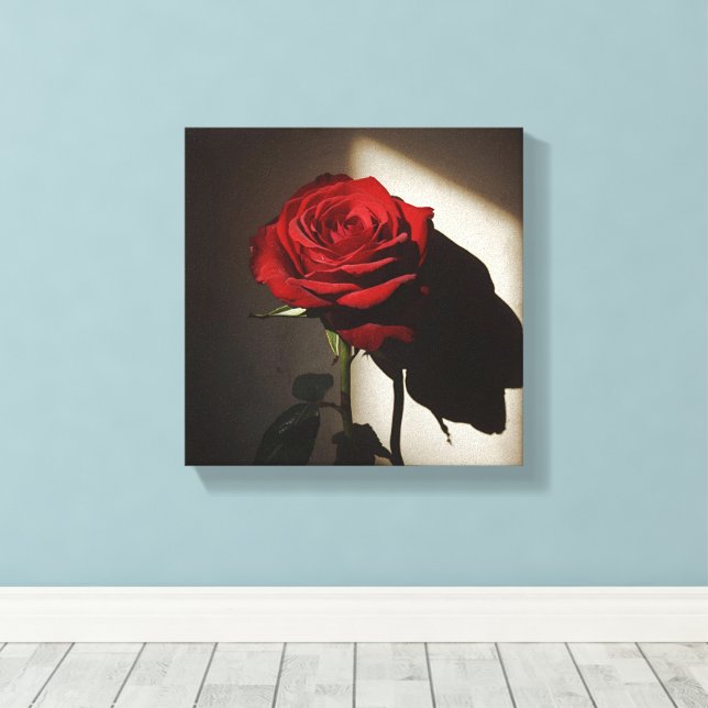Shadowed Red Rose – Dramatic Chiaroscuro Floral Ar Canvas Print (Insitu(Wood Floor))