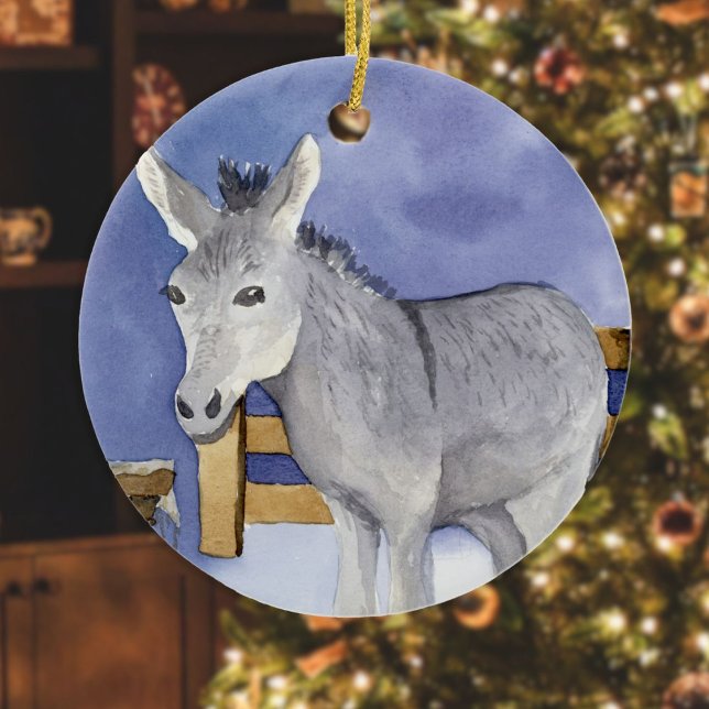 Shaggy Donkey (Friendly Beasts Series) Ceramic Tree Decoration (Donkey Friendly Beast ornament hanging in front of a Christmas tree in a living room)