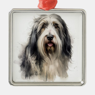 SHAGGY GRAY AND WHITE BEARDED COLLIE DOG METAL TREE DECORATION