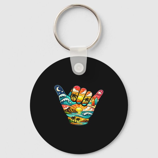 Shaka hand beach sunset tropical surf vibes key ring (Front)