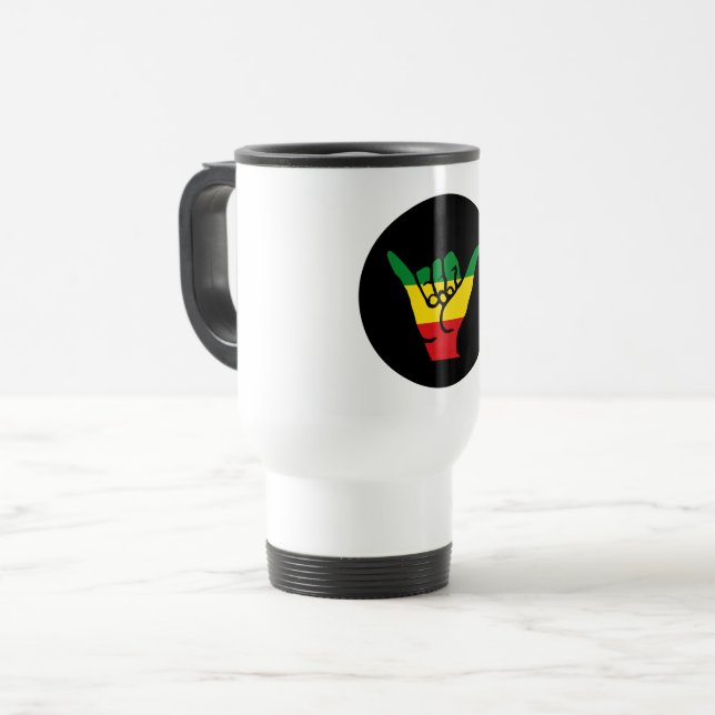 Shaka Hands With Reggae Colours Travel Mug (Front Left)