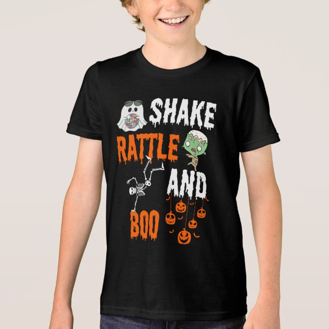 Shake, Rattle, Boo Skeleton Zombie Fun Halloween Tri-Blend Shirt (Front)