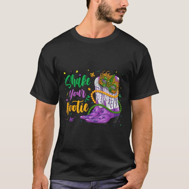 Shake Your Bootie Mardi Gras Cowboy Boot Girl Wome T-Shirt (Front)